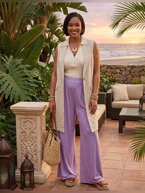 Women’s Self-Double Layer Purple Wide Leg Pants XL